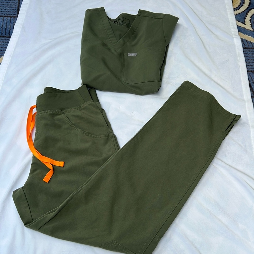 Figs Olive Green Scrub Set with Orange Accents